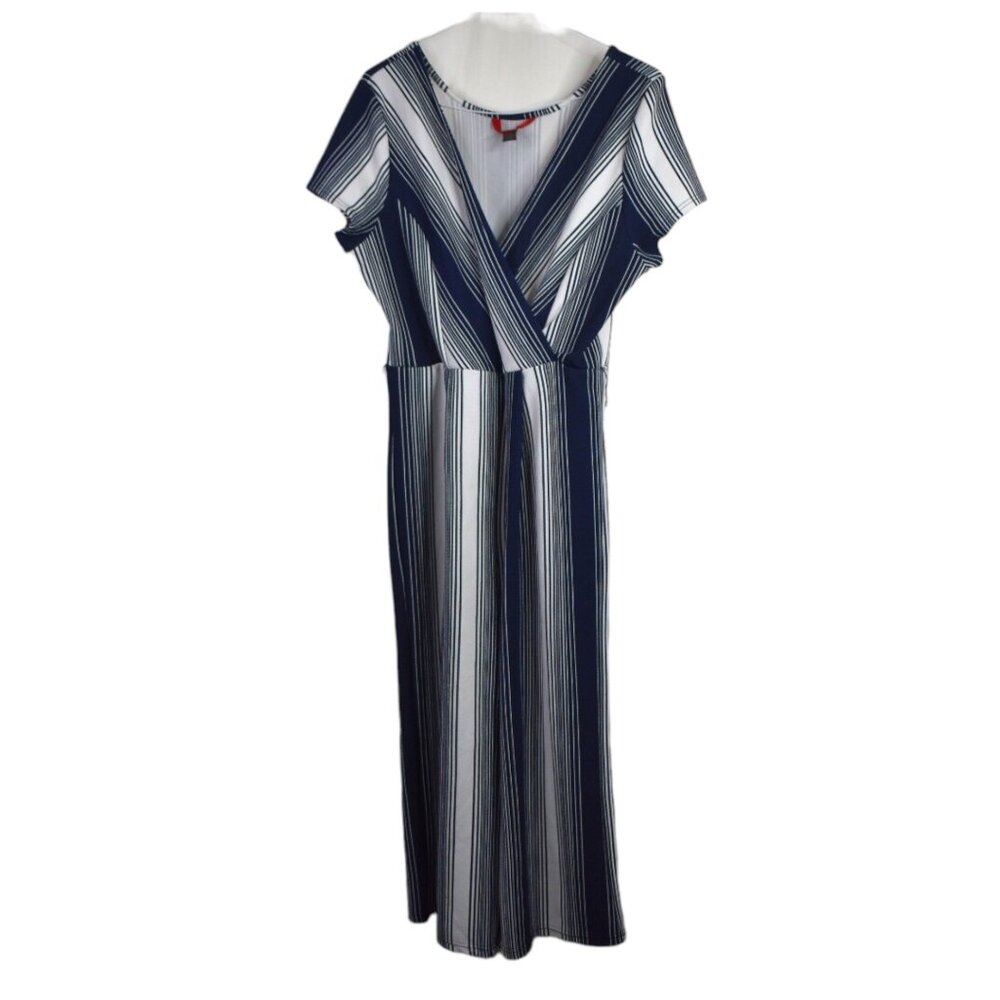 Hot Kiss Jumpsuit 2X Womens Navy Blue White One Piece Flare Leg V Neck Stretch